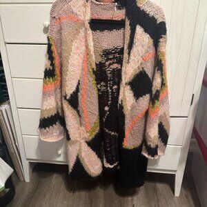 Free People Pink and Black Chunky Knit Cardigan Sweater